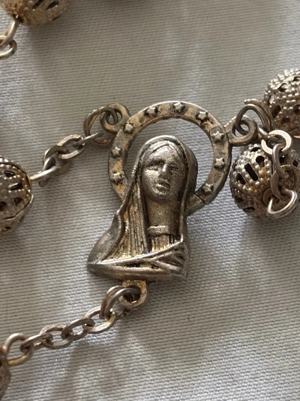 Vintage Filigree Bead Rosary Necklace in Silver Tone